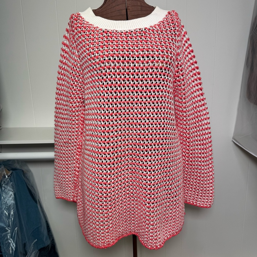 Soft Surroundings Red and White Open Knit Pullover Sweater Tunic Size Large